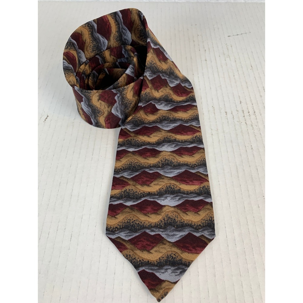 J. Garcia Necktie Mens One Size Burgundy Gold Abstract Mountain Silk Vintage Tie